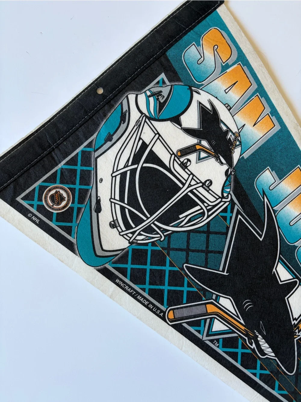 Vintage 1990s NHL San Jose Sharks Pennant Logo and Puck Teal, Black & Gold Ombré